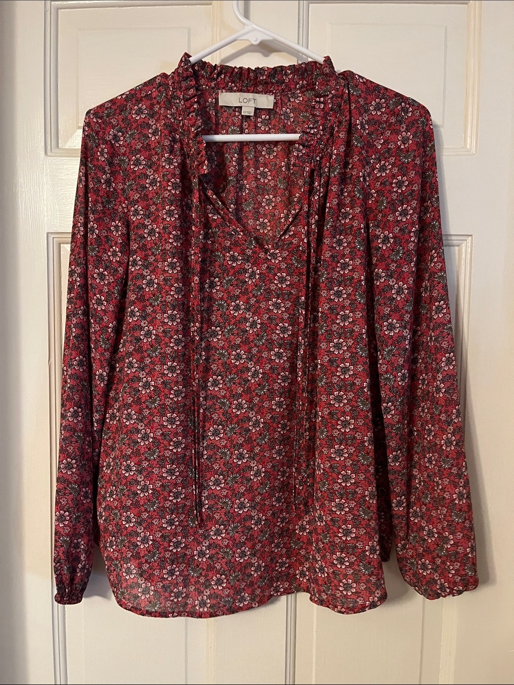 LOFT Burgundy Pink Floral Tie-Neck Long Sleeve Blouse